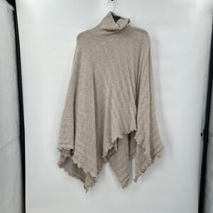 Nicky Thomson Lambswool Angora Ribbed Knit Turtleneck Poncho Tan Made in England